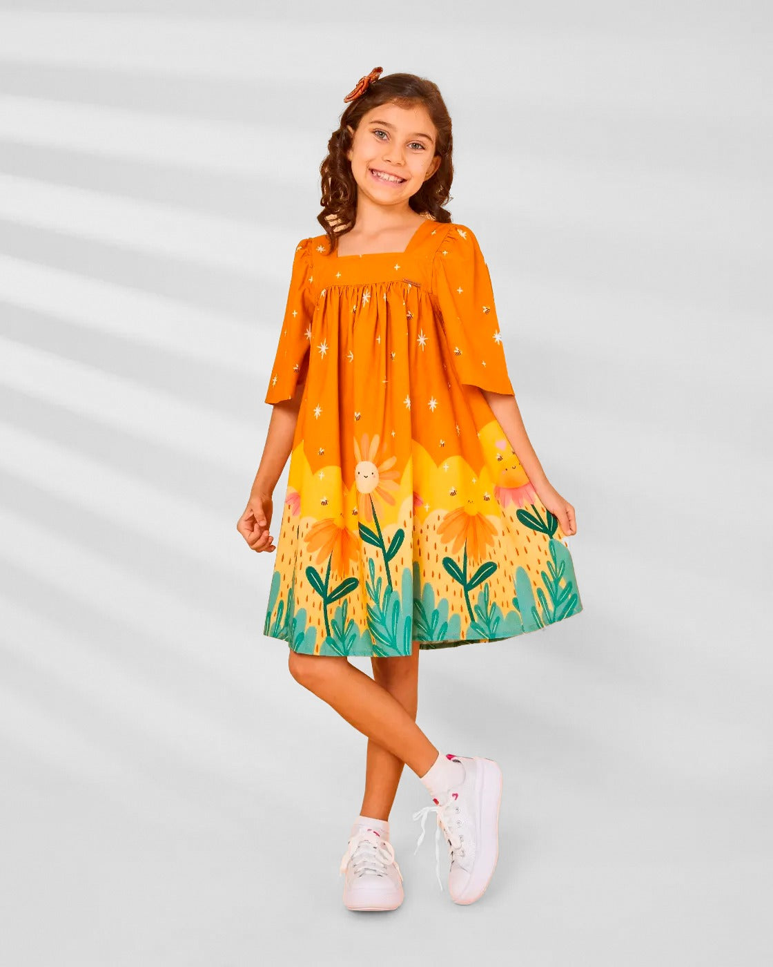 Vestido Infantil Estampado Pôr do Sol Mostarda - Mundo Coala